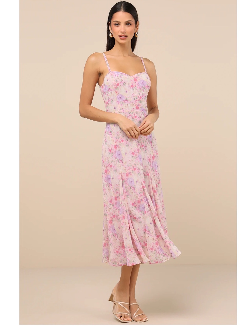 Lulus Charmed Invite Pink Floral Lightweight Midi Dress NWT Medium